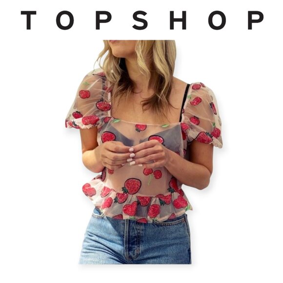 Sequin Strawberry Mesh Topshop Nylon Top size 2 - Picture 1 of 13